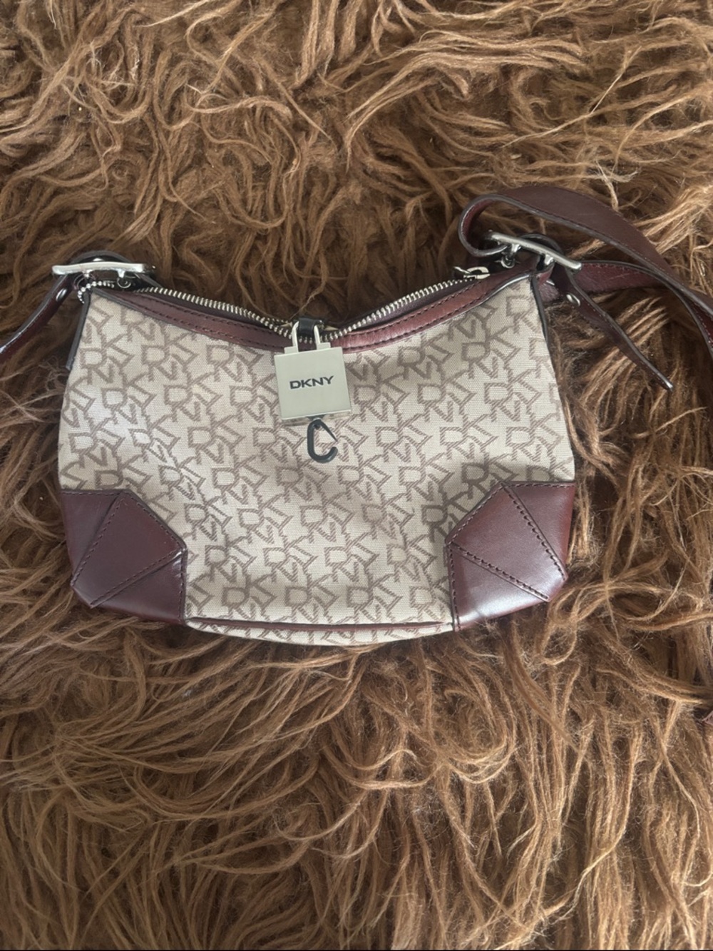 DKNY Beige and Brown Logo Shoulder Bag